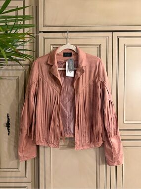 NWT SMOKE BOUTIQUE DUSTY PINK Fringe Suede Cropped JACKET WESTERN Cowgirl BOHO S